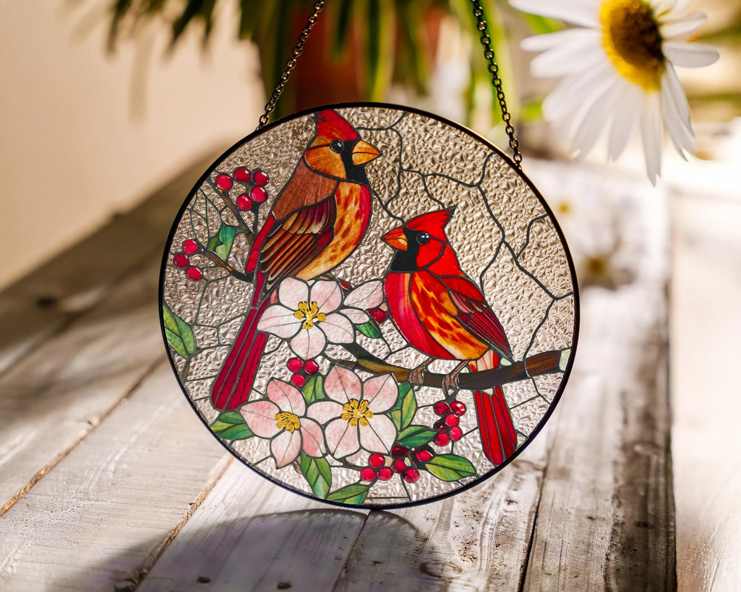 Netecom Cardinal Stained Glass Suncatcher – Male and Female Cardinal Window Hanging, Glass Art Home Decor, Memorial Gift for Cardinal Lovers, Women’s Gift