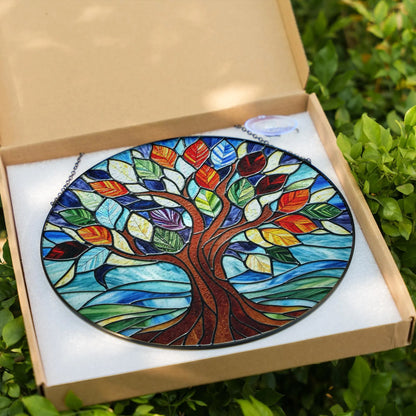 Netecom Personalized Tree of Life Stained Glass Suncatcher, Custom Window Hanging, Crystal Sun Catcher Home Decor Gift, Spiritual Glass Ornament