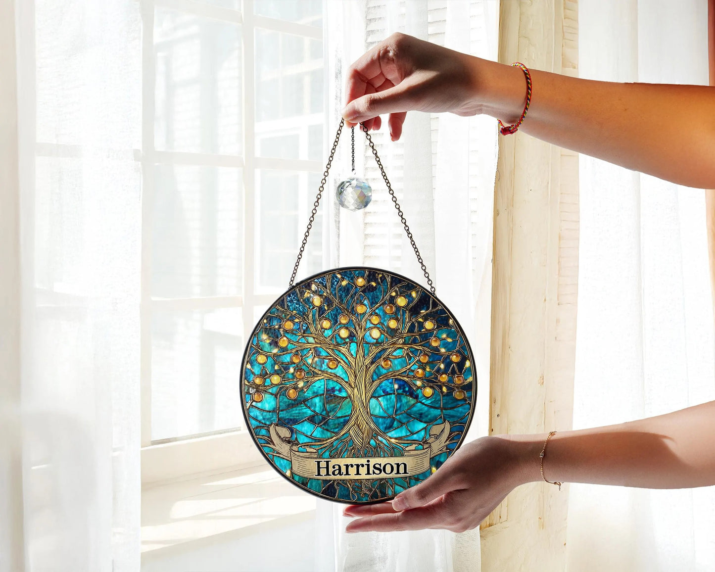 Netecom Personalized Tree of Life Stained Glass Suncatcher – Family Tree Window Hanging, Home Decor, Memorial Gift for Mom Grandma Family