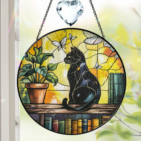 Netecom Black Cat Crystal Stained Glass Suncatcher – Elegant Window Hanging, Unique Cat Lover Gift, Artistic Home Decor, Mother’s Day and Birthday Gift