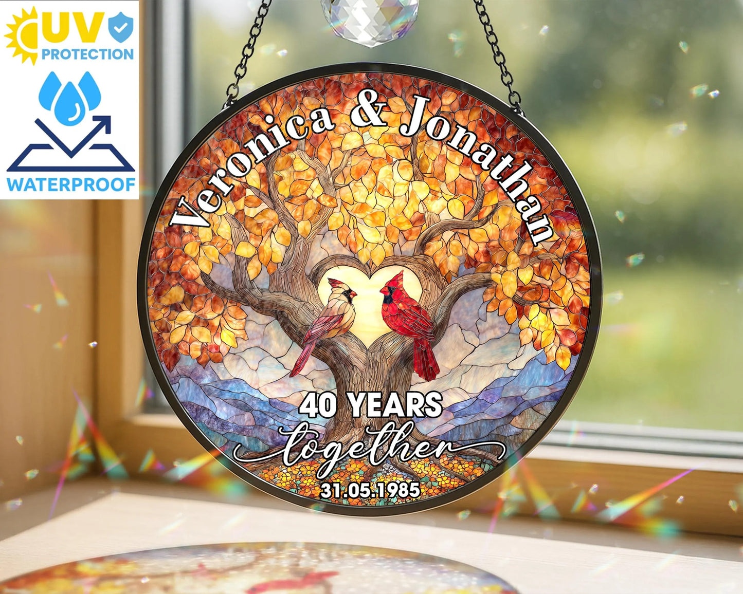 Netecom Custom 40th Anniversary Stained Glass Suncatcher – Personalized Ruby Anniversary Gift, Cardinal Bird Window Hanging, Wedding Anniversary Keepsake for Parents or Couple