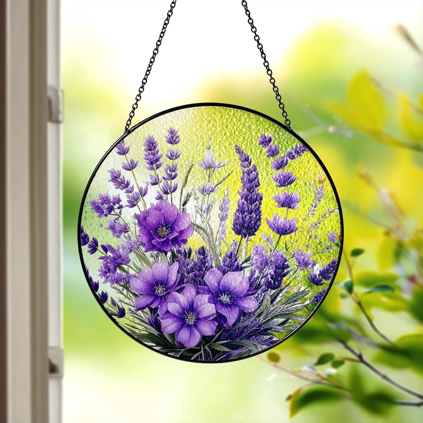 Netecom Violet Flower Stained Glass Suncatcher, Window Hanging Floral Art, Garden Window Decor, Mother’s Day Gift for Mom Grandma