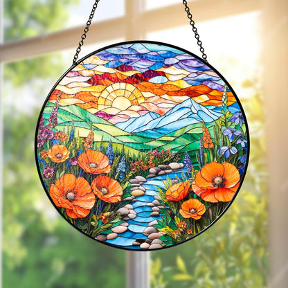 Netecom Mountain Wildflowers Stained Glass Suncatcher – Nature Poppy Flowers Window Hanging, Mother’s Day Gift for Mom Grandma Mama Nini Nana