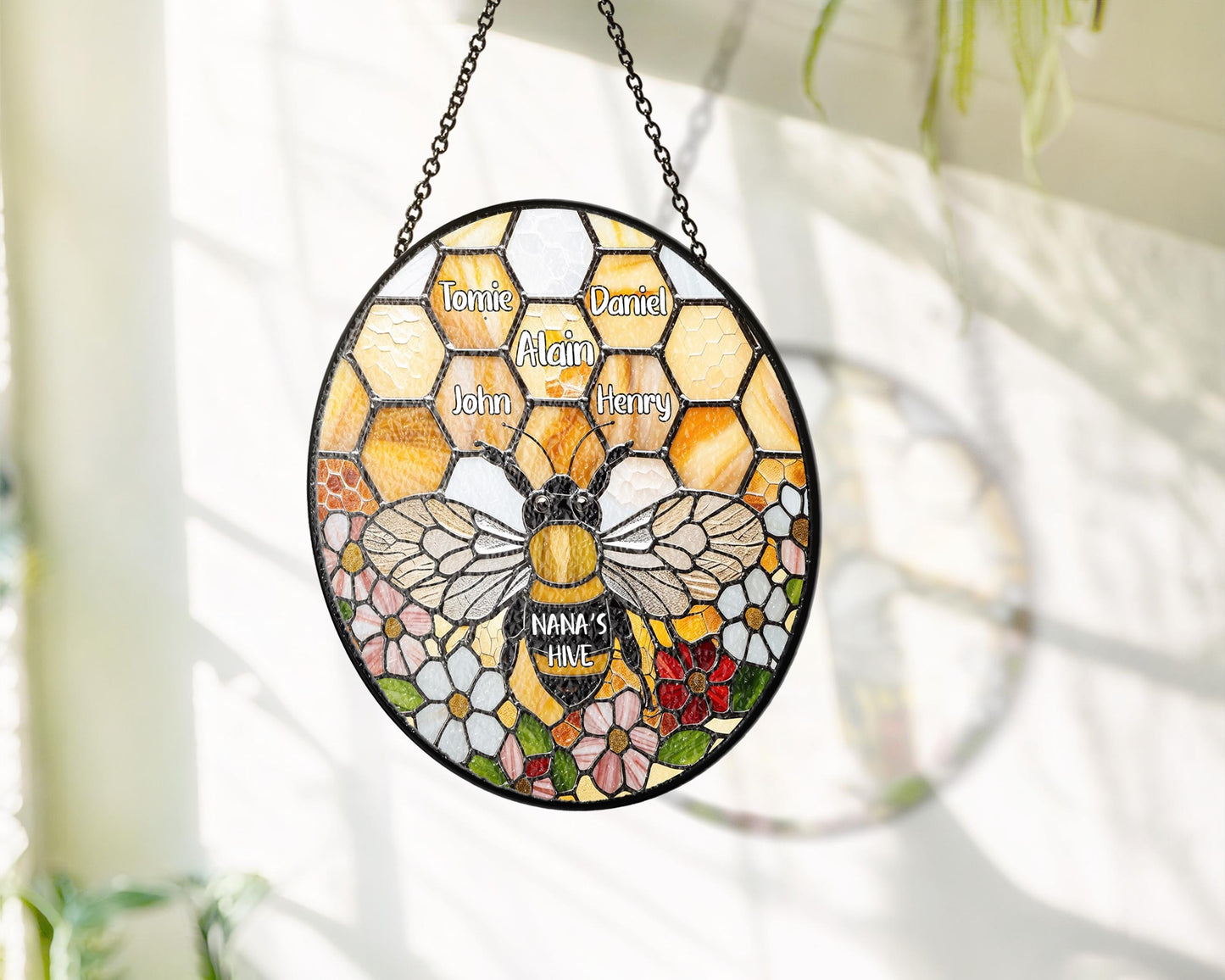 Netecom Personalized Grandma Garden Bee Stained Glass Suncatcher – Honeycomb Bee Window Hanging, Custom Kids Names, Mother’s Day Gift for Grandma and Garden Lovers