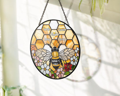 Netecom Personalized Grandma Garden Bee Stained Glass Suncatcher – Honeycomb Bee Window Hanging, Custom Kids Names, Mother’s Day Gift for Grandma and Garden Lovers
