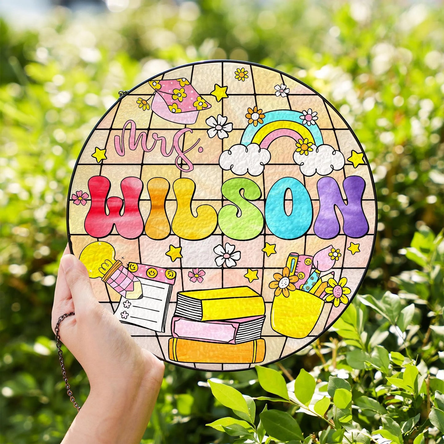 Netecom Personalized Teacher Stained Glass Hanging Sign, Teacher Suncatcher, Name Gift for Teacher, Disco Ball Classroom Decor, Teacher Door Hanger