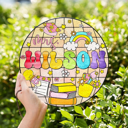 Netecom Personalized Teacher Stained Glass Hanging Sign, Teacher Suncatcher, Name Gift for Teacher, Disco Ball Classroom Decor, Teacher Door Hanger