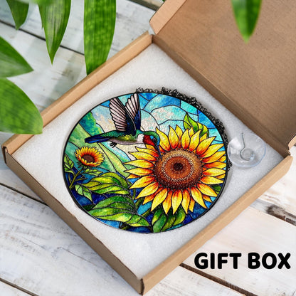 Netecom Hummingbird Sunflower Stained Glass Suncatcher – Window Hanging Bird Ornament and Sympathy Gift for Mom, Indoor Decor, Memory Keepsake