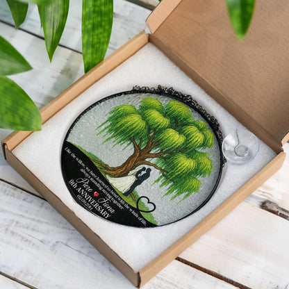 Netecom 9th Anniversary Willow Stained Glass Suncatcher – Personalized Willow Tree Gift, Romantic Keepsake for Couple, Love Anniversary Ornament
