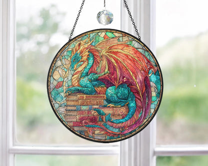 Netecom Fantasy Dragon Book Stained Glass Suncatcher – Magical Window Hanging for Book Lovers, Fantasy Fans, Book Clubs