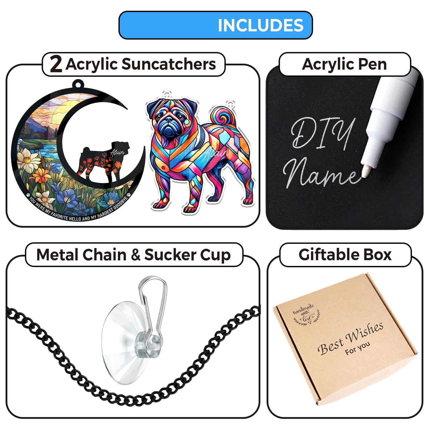 Netecom Pack of 2 Pug Memorial Suncatchers – Dog Remembrance Keepsake, Loss of Dog Memorial Ornament, Pug Decor, Window Hanging