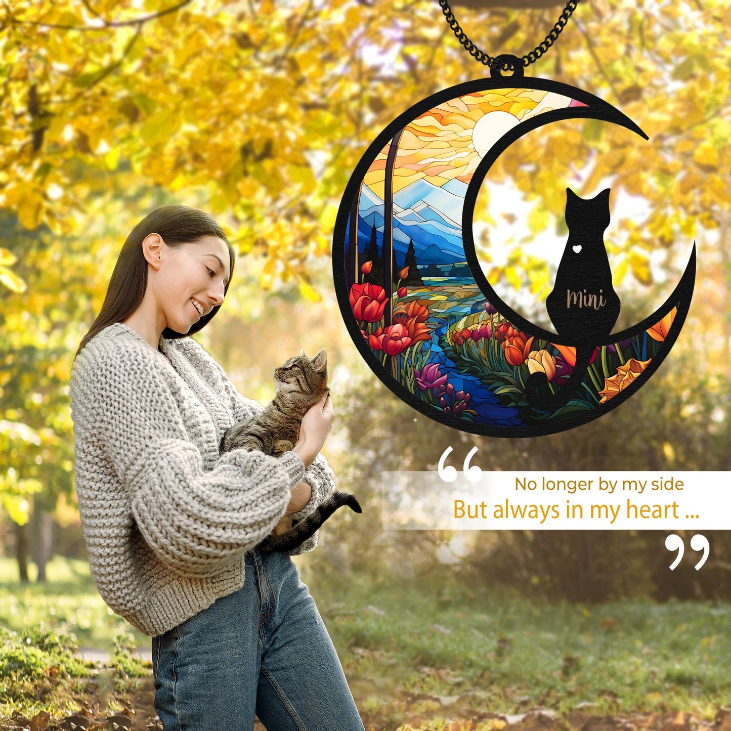 Netecom 10'' Cat Memorial Suncatcher – Custom Cat Name Remembrance Ornament, Loss of Pet Sympathy Gift, Cat Mom Memorial Decor, Pet Passing Away Decor