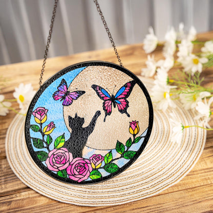Netecom Cat Stained Glass Butterfly on Moon Suncatcher – Black Cat Memorial Gift, Cat Lover Gift, Pet Loss Suncatcher, Unique Cat Decor for Home and Window