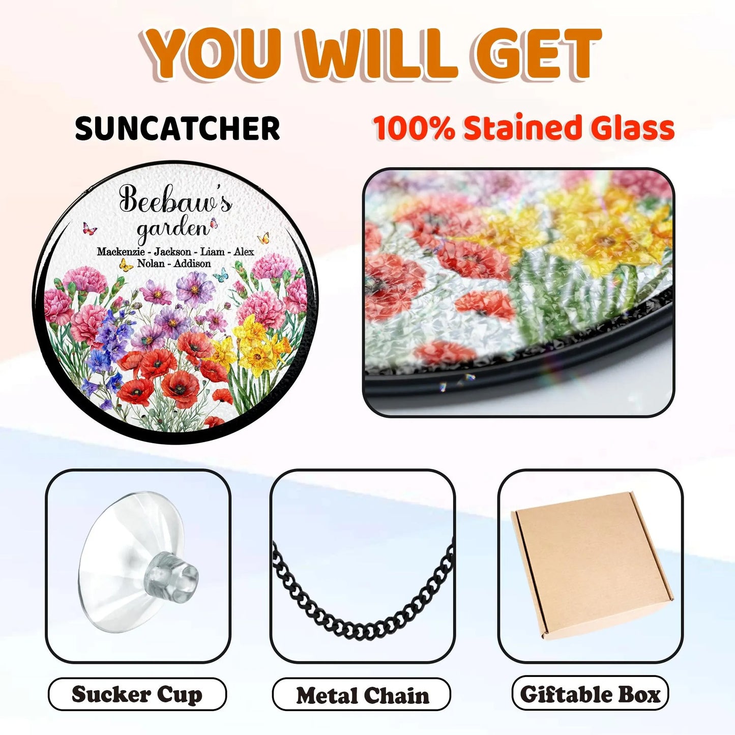 Netecom Personalized Birth Flowers Stained Glass Suncatcher – Custom Grandma’s Garden Gift, Floral Gift for Mom Grandma from Grandkids