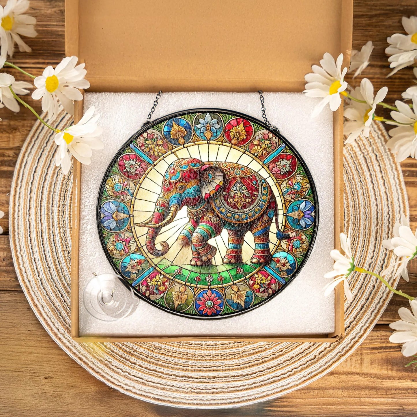 Netecom Elephant Stained Glass Suncatcher – Mandala Elephant Window Hanging Decor, Nature Animal Art, Gift for Elephant Lovers, Mom and Friends