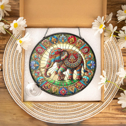 Netecom Elephant Stained Glass Suncatcher – Mandala Elephant Window Hanging Decor, Nature Animal Art, Gift for Elephant Lovers, Mom and Friends
