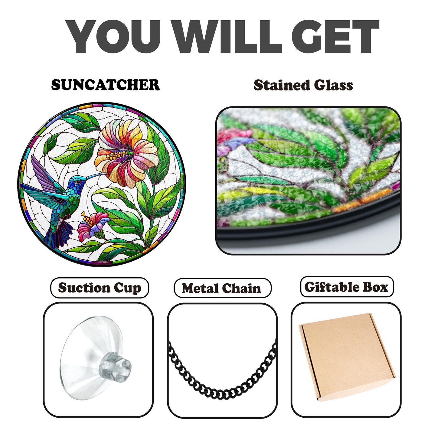 Netecom Hummingbird Stained Glass Suncatcher – Poppy Flower Window Hanging, Bird Lover Gift for Mom Grandma, Acrylic and Glass Home Decor