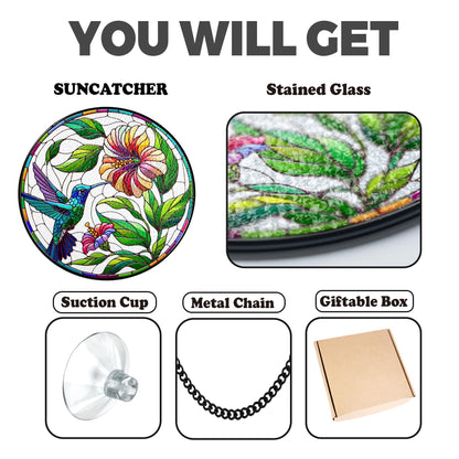 Netecom Hummingbird Stained Glass Suncatcher – Poppy Flower Window Hanging, Bird Lover Gift for Mom Grandma, Acrylic and Glass Home Decor