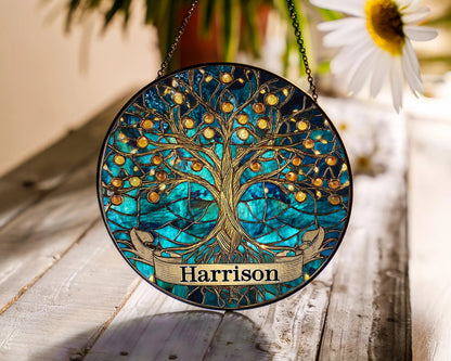 Netecom Personalized Tree of Life Stained Glass Suncatcher – Family Tree Window Hanging, Home Decor, Memorial Gift for Mom Grandma Family