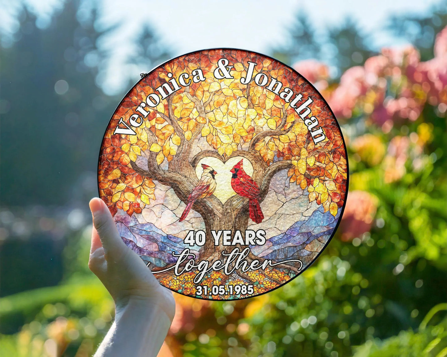 Netecom Custom 40th Anniversary Stained Glass Suncatcher – Personalized Ruby Anniversary Gift, Cardinal Bird Window Hanging, Wedding Anniversary Keepsake for Parents or Couple