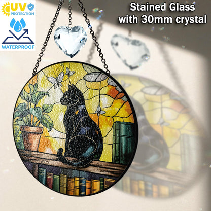 Netecom Black Cat Crystal Stained Glass Suncatcher – Elegant Window Hanging, Unique Cat Lover Gift, Artistic Home Decor, Mother’s Day and Birthday Gift