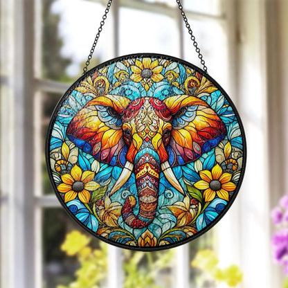 Netecom Elephant Stained Glass Suncatcher – Window Hanging Decor, Elephant Ornament Gift for Elephant Lovers, Nature and Animal Decor for Mom