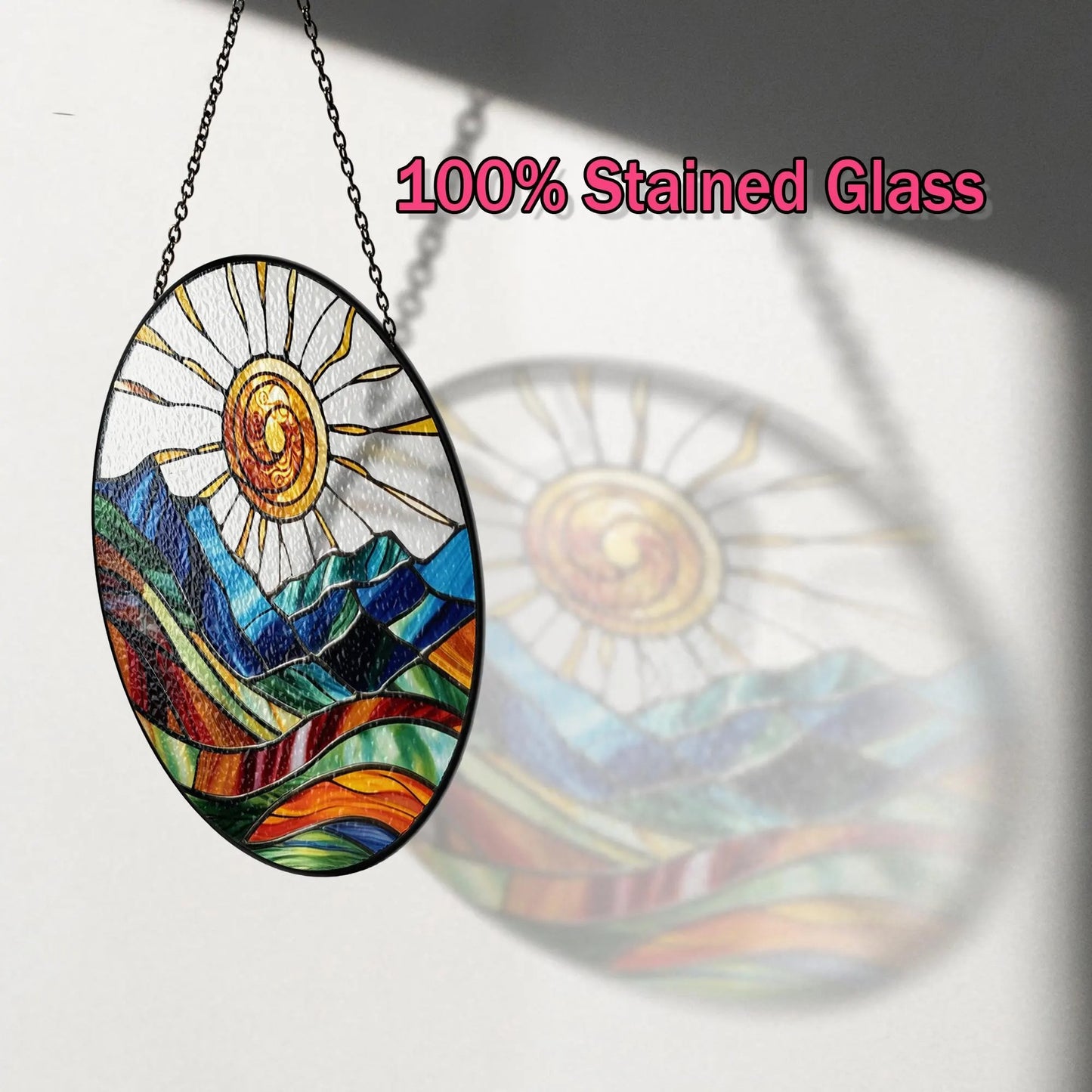 Netecom Mountain Range Stained Glass Suncatcher – Nature-Inspired Window Hanging, Sunrise and Sunset Decor for Home