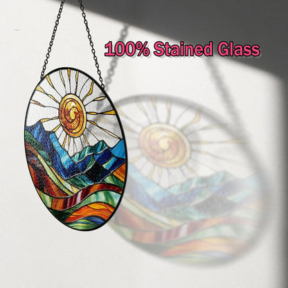 Netecom Mountain Range Stained Glass Suncatcher – Nature-Inspired Window Hanging, Sunrise and Sunset Decor for Home