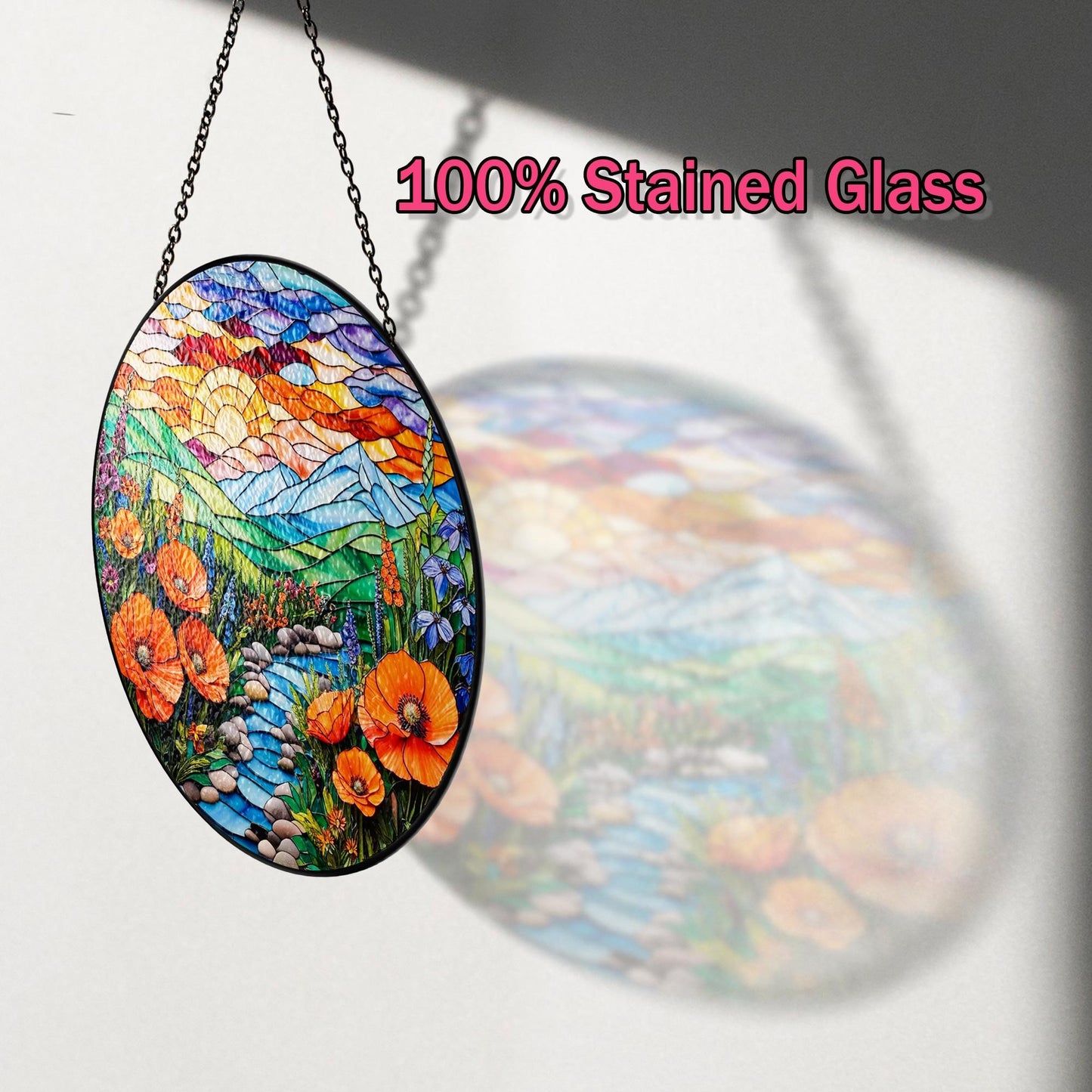 Netecom Mountain Wildflowers Stained Glass Suncatcher – Nature Poppy Flowers Window Hanging, Mother’s Day Gift for Mom Grandma Mama Nini Nana