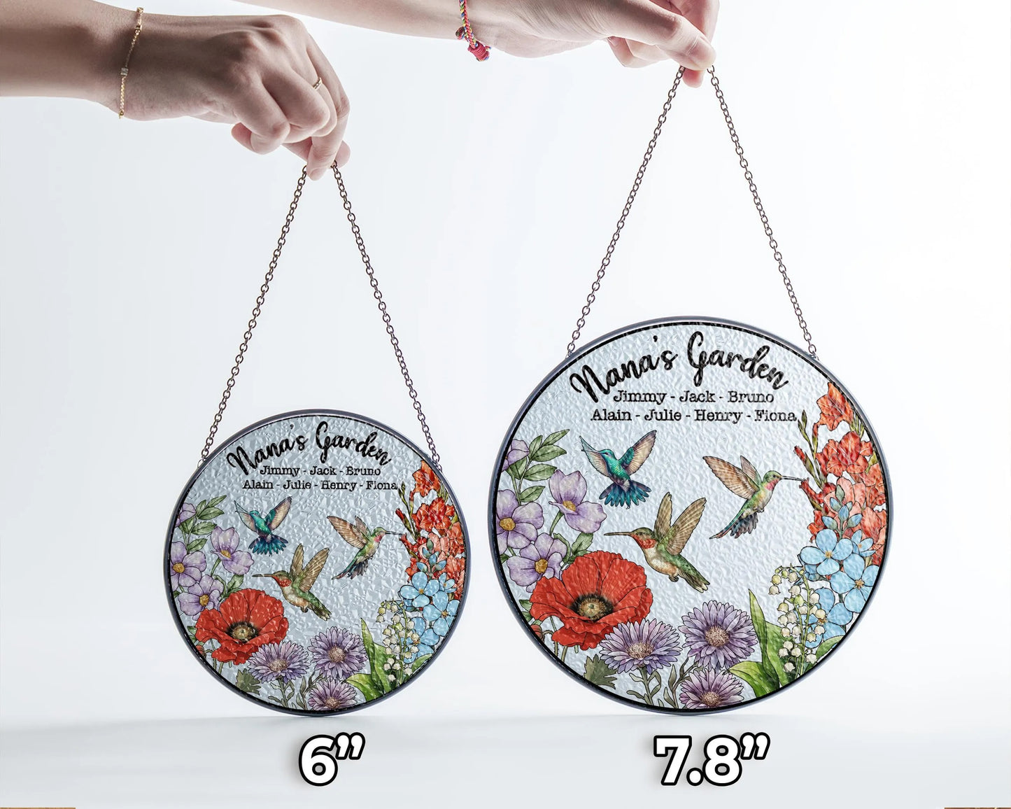 Netecom Personalized Grandma's Garden Gift – Hummingbird Stained Glass Suncatcher, Family Birth Flower, Mother’s Day Gift for Mom Grandma