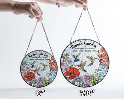 Netecom Personalized Grandma's Garden Gift – Hummingbird Stained Glass Suncatcher, Family Birth Flower, Mother’s Day Gift for Mom Grandma