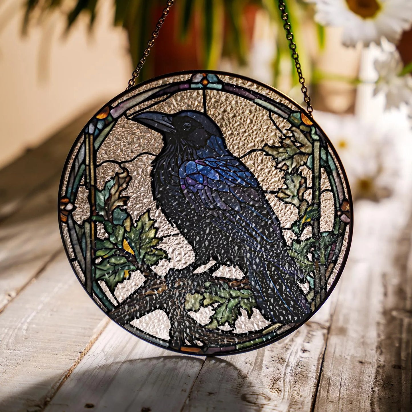 Netecom Raven Stained Glass Suncatcher – Gothic Crow and Dead Leaves Window Hanging, Dark Nature Decor for Garden, Housewarming Gift