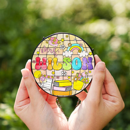 Netecom Personalized Teacher Stained Glass Hanging Sign, Teacher Suncatcher, Name Gift for Teacher, Disco Ball Classroom Decor, Teacher Door Hanger