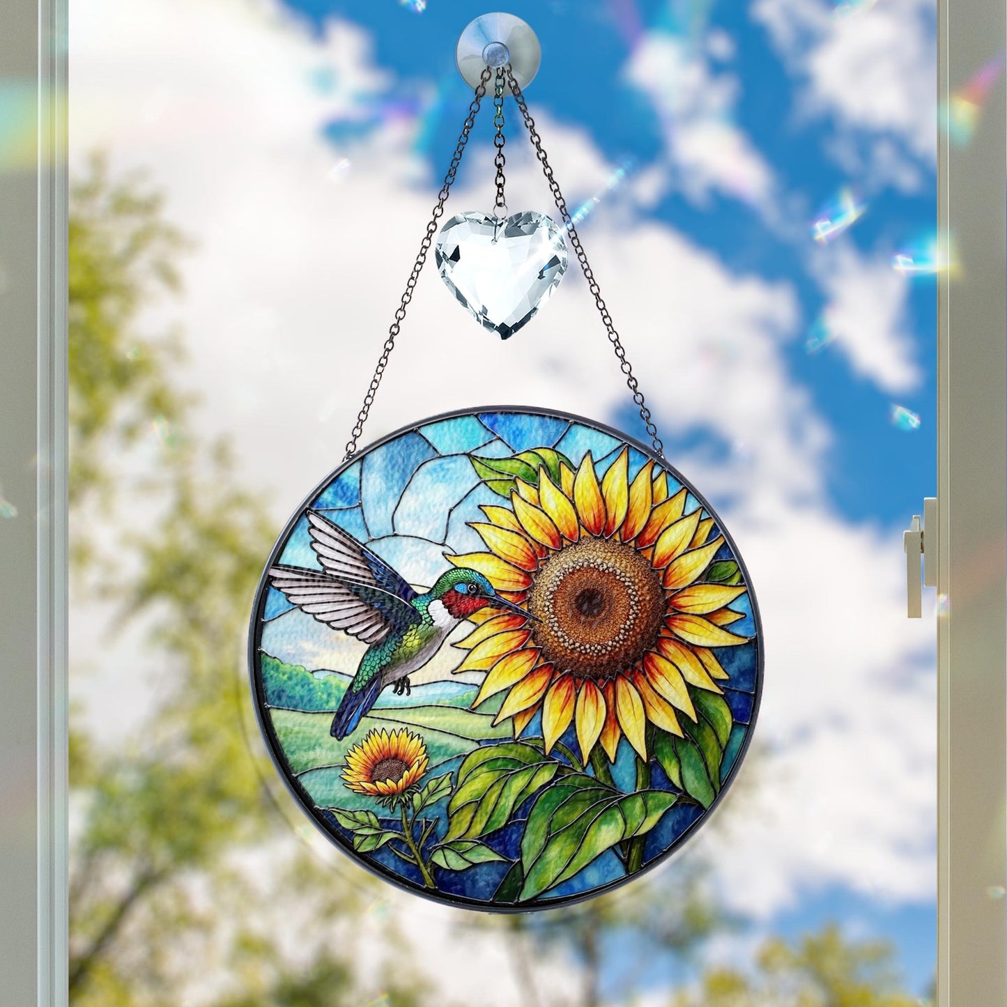 Netecom Hummingbird Sunflower Stained Glass Suncatcher – Window Hanging Bird Ornament and Sympathy Gift for Mom, Indoor Decor, Memory Keepsake