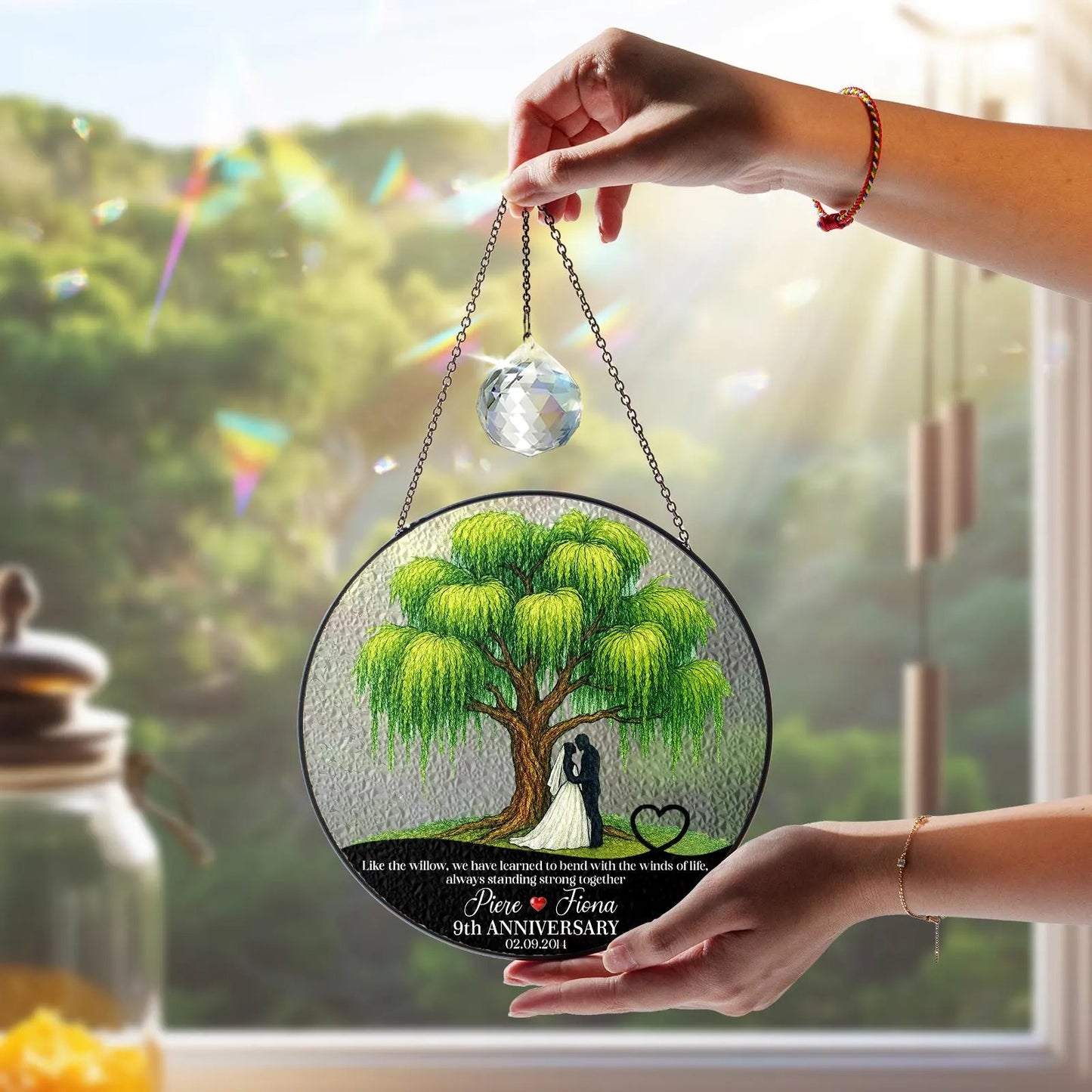 Netecom 9th Anniversary Willow Stained Glass Suncatcher – Personalized Willow Tree Gift, Romantic Keepsake for Couple, Love Anniversary Ornament