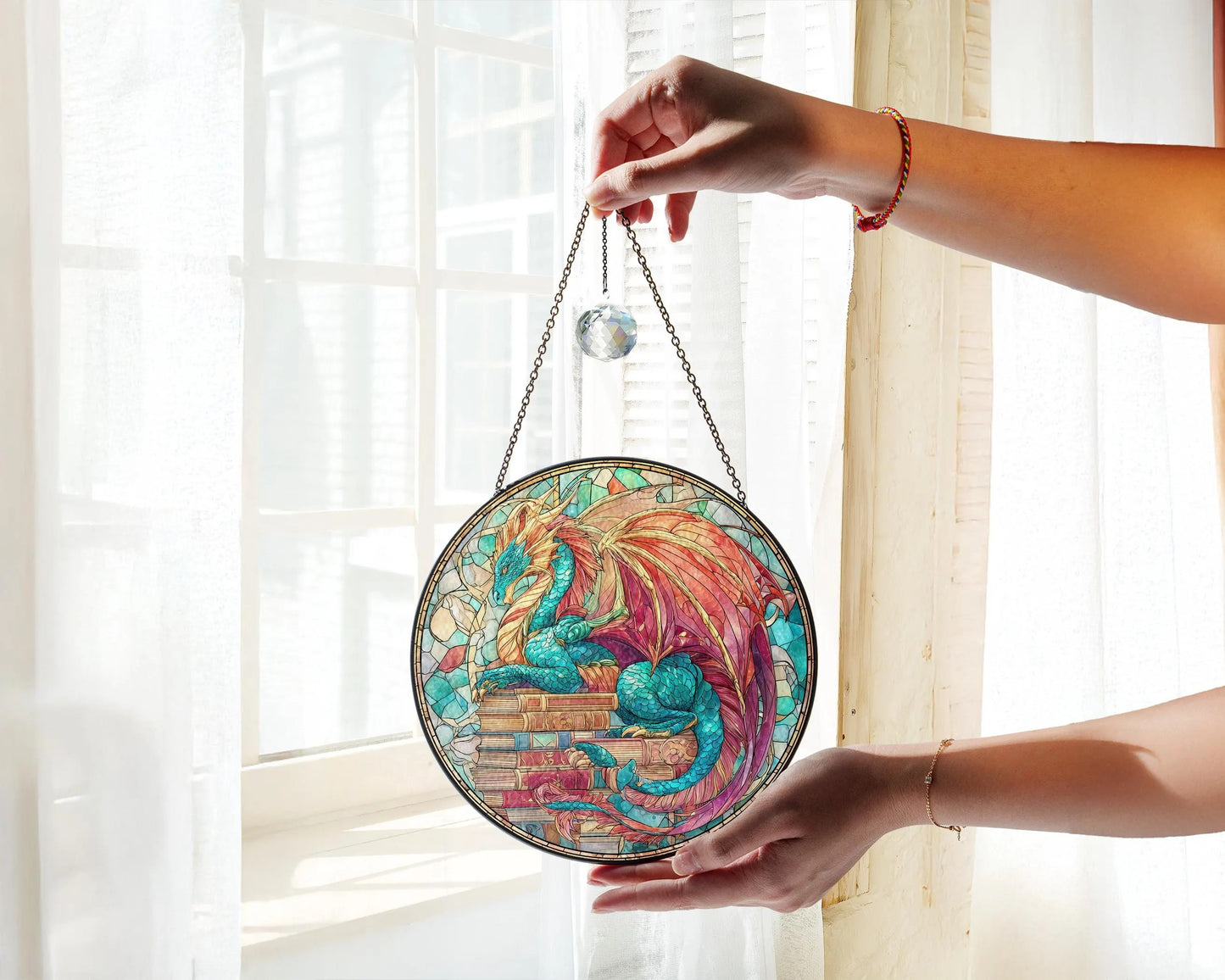 Netecom Fantasy Dragon Book Stained Glass Suncatcher – Magical Window Hanging for Book Lovers, Fantasy Fans, Book Clubs