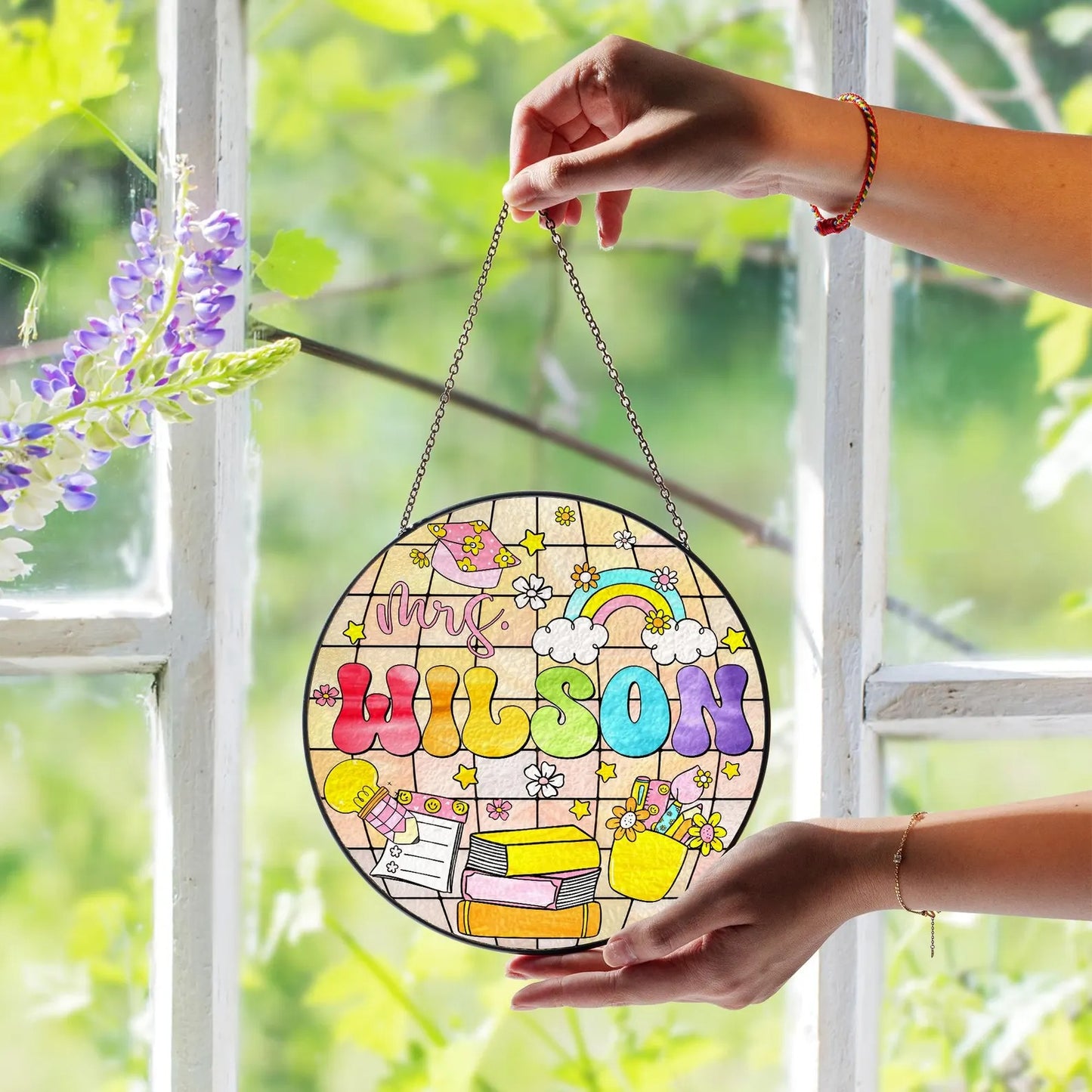 Netecom Personalized Teacher Stained Glass Hanging Sign, Teacher Suncatcher, Name Gift for Teacher, Disco Ball Classroom Decor, Teacher Door Hanger