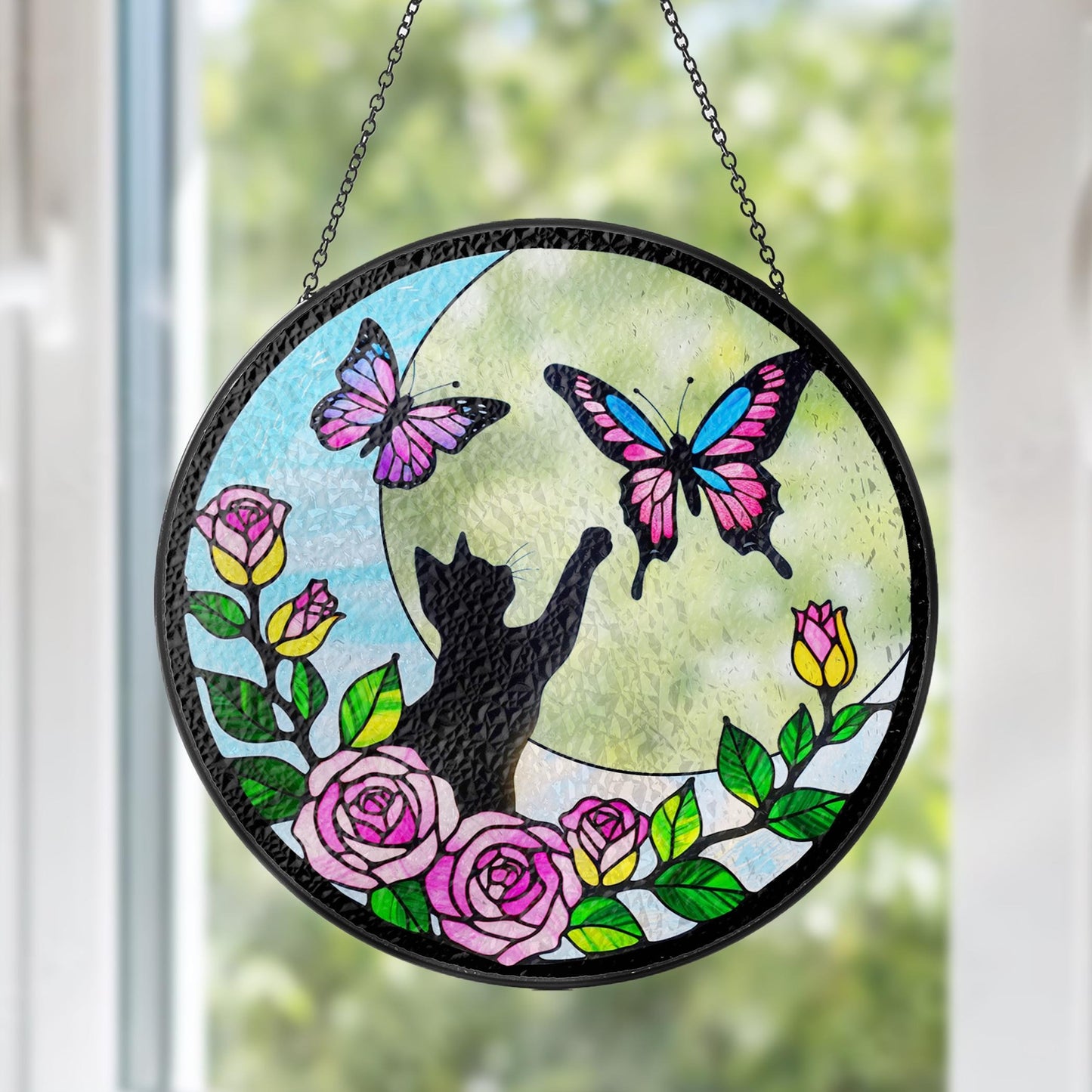 Netecom Cat Stained Glass Butterfly on Moon Suncatcher – Black Cat Memorial Gift, Cat Lover Gift, Pet Loss Suncatcher, Unique Cat Decor for Home and Window