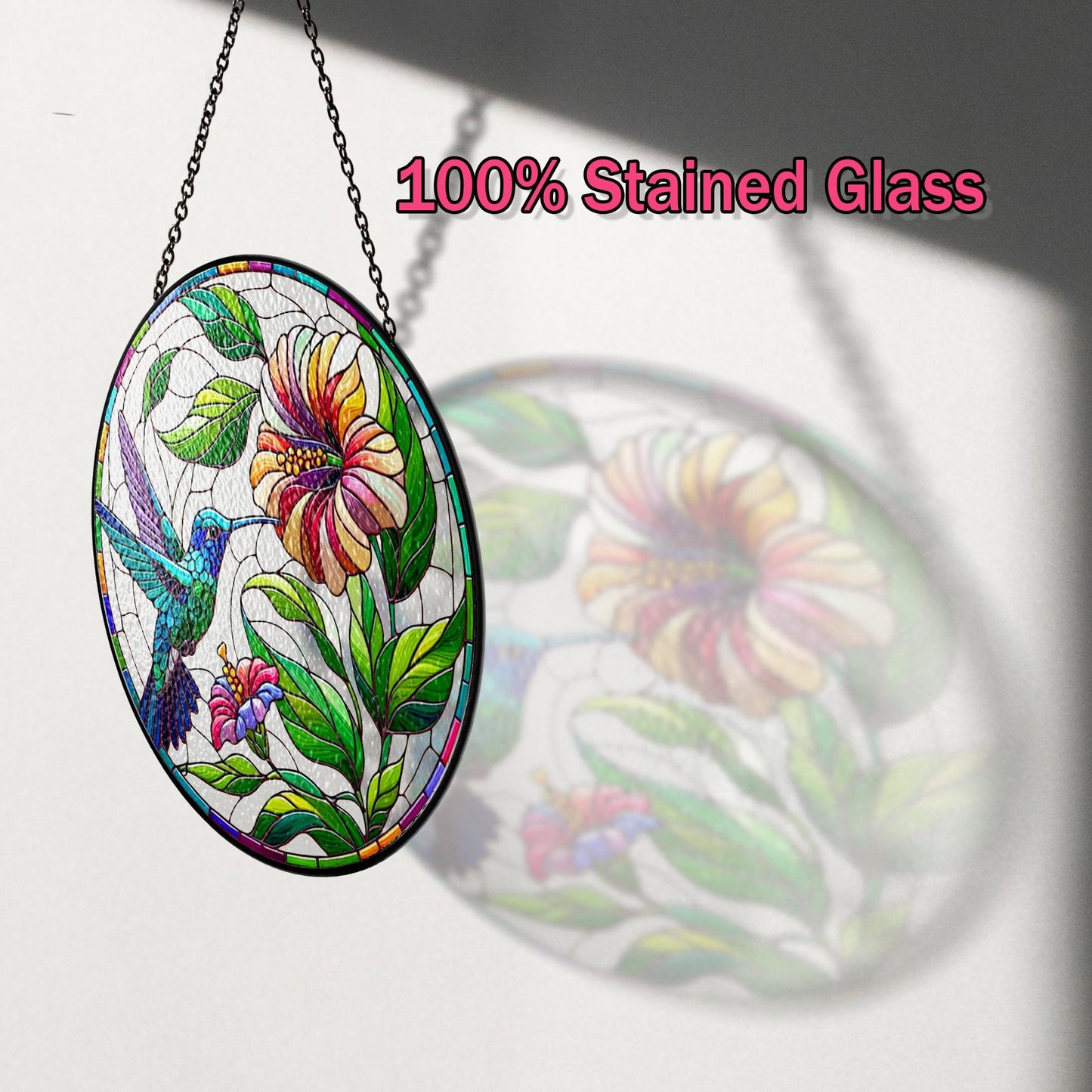 Netecom Hummingbird Stained Glass Suncatcher – Poppy Flower Window Hanging, Bird Lover Gift for Mom Grandma, Acrylic and Glass Home Decor