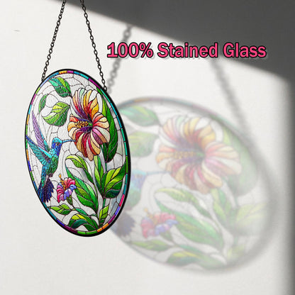 Netecom Hummingbird Stained Glass Suncatcher – Poppy Flower Window Hanging, Bird Lover Gift for Mom Grandma, Acrylic and Glass Home Decor