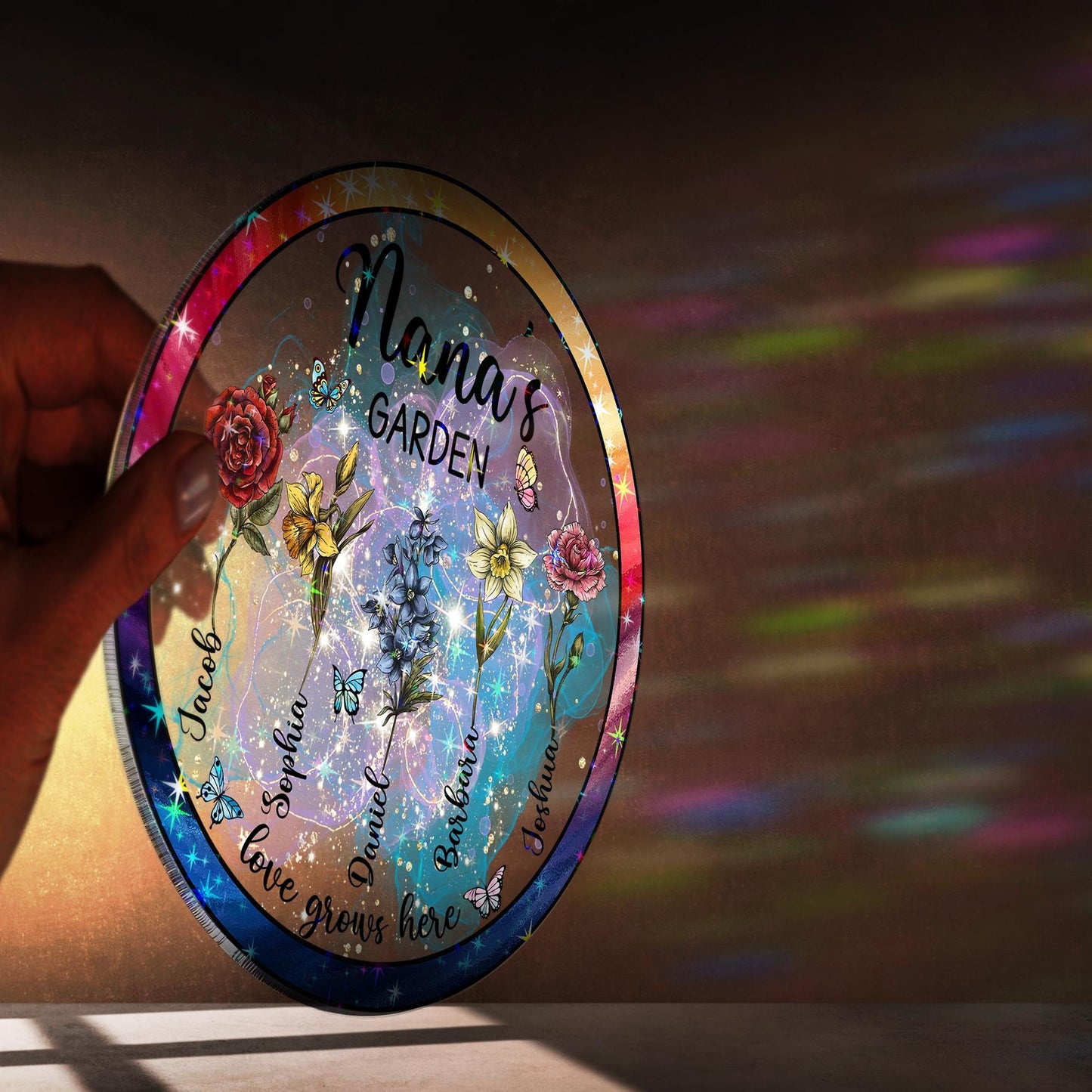 Netecom Personalized Mother’s Day Gift for Grandma – Grandma's Garden Hologram Suncatcher, Custom Birth Flower Crystal Window Hanging