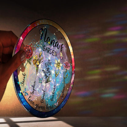 Netecom Personalized Mother’s Day Gift for Grandma – Grandma's Garden Hologram Suncatcher, Custom Birth Flower Crystal Window Hanging