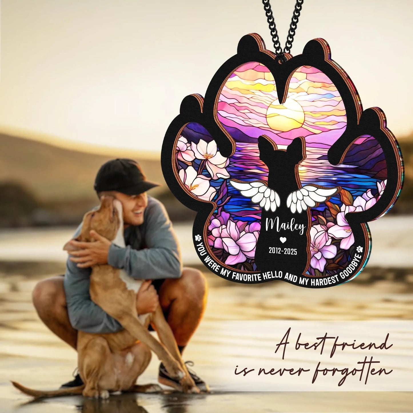 Netecom Personalized Dog Memorial Suncatcher Gift – Custom Pet Loss Ornament, Rainbow Bridge Remembrance Set with Keychain and Sympathy Card