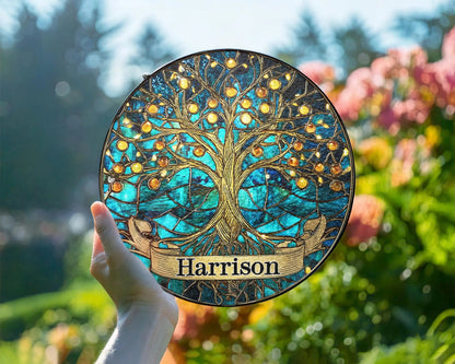 Netecom Personalized Tree of Life Stained Glass Suncatcher – Family Tree Window Hanging, Home Decor, Memorial Gift for Mom Grandma Family