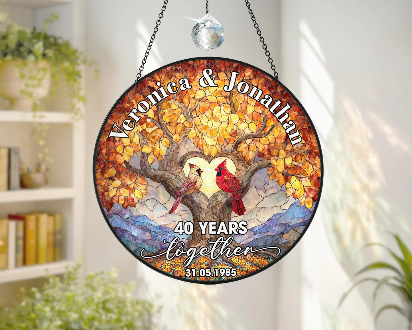 Netecom Custom 40th Anniversary Stained Glass Suncatcher – Personalized Ruby Anniversary Gift, Cardinal Bird Window Hanging, Wedding Anniversary Keepsake for Parents or Couple
