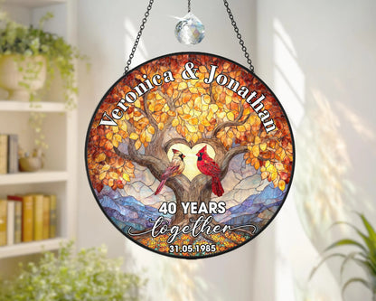 Netecom Custom 40th Anniversary Stained Glass Suncatcher – Personalized Ruby Anniversary Gift, Cardinal Bird Window Hanging, Wedding Anniversary Keepsake for Parents or Couple