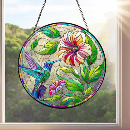 Netecom Hummingbird Stained Glass Suncatcher – Poppy Flower Window Hanging, Bird Lover Gift for Mom Grandma, Acrylic and Glass Home Decor