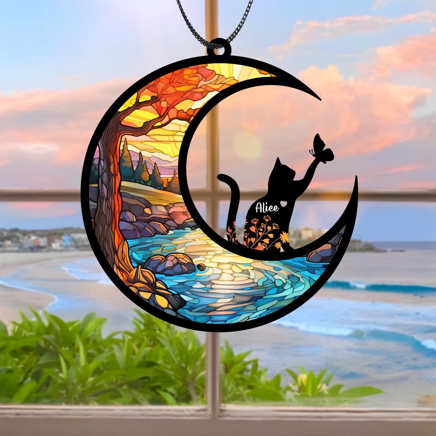 Netecom Personalized Cat Memorial Suncatcher – Custom Rainbow Bridge Pet Loss Ornament, Acrylic Pet Name Remembrance Gift, Sympathy Gift for Cat Lovers
