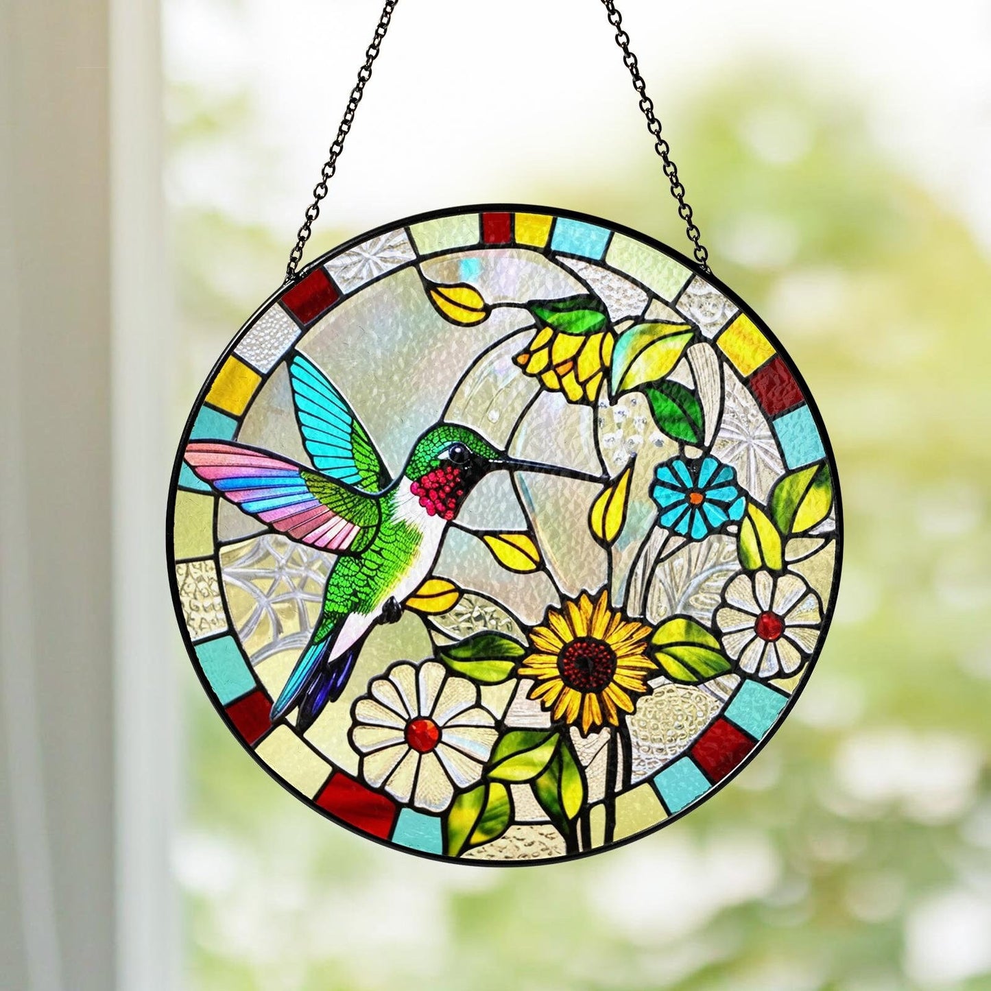 Netecom Hummingbird Sunflower Stained Glass Suncatcher – Window Hanging Bird Ornament and Sympathy Gift for Mom, Nature-Inspired Indoor Decor