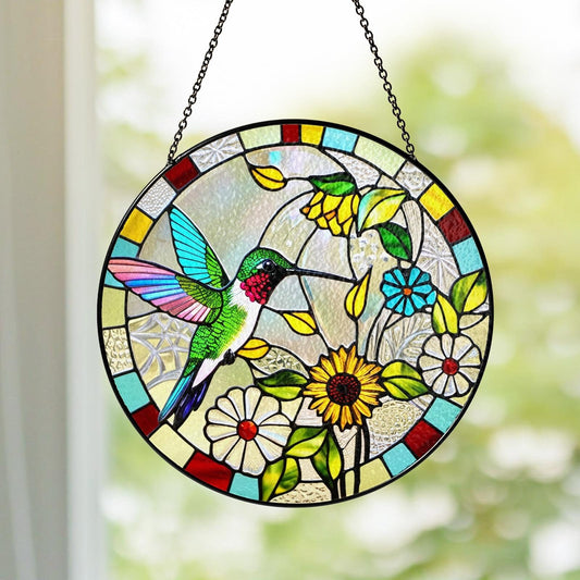 Netecom Hummingbird Sunflower Stained Glass Suncatcher – Window Hanging Bird Ornament and Sympathy Gift for Mom, Nature-Inspired Indoor Decor